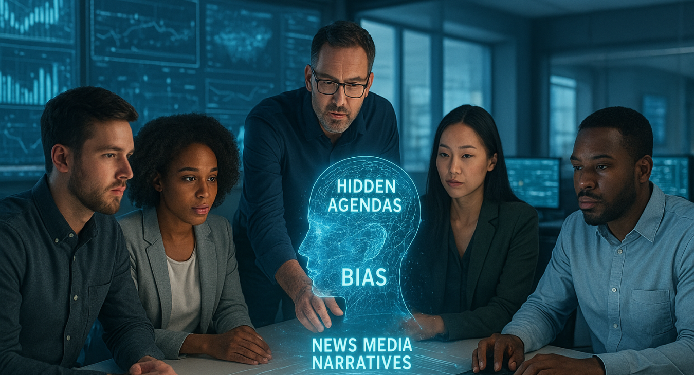 Diverse group of men and women collaborating in a brightly lit modern control room, analyzing data streams and holographic projections.