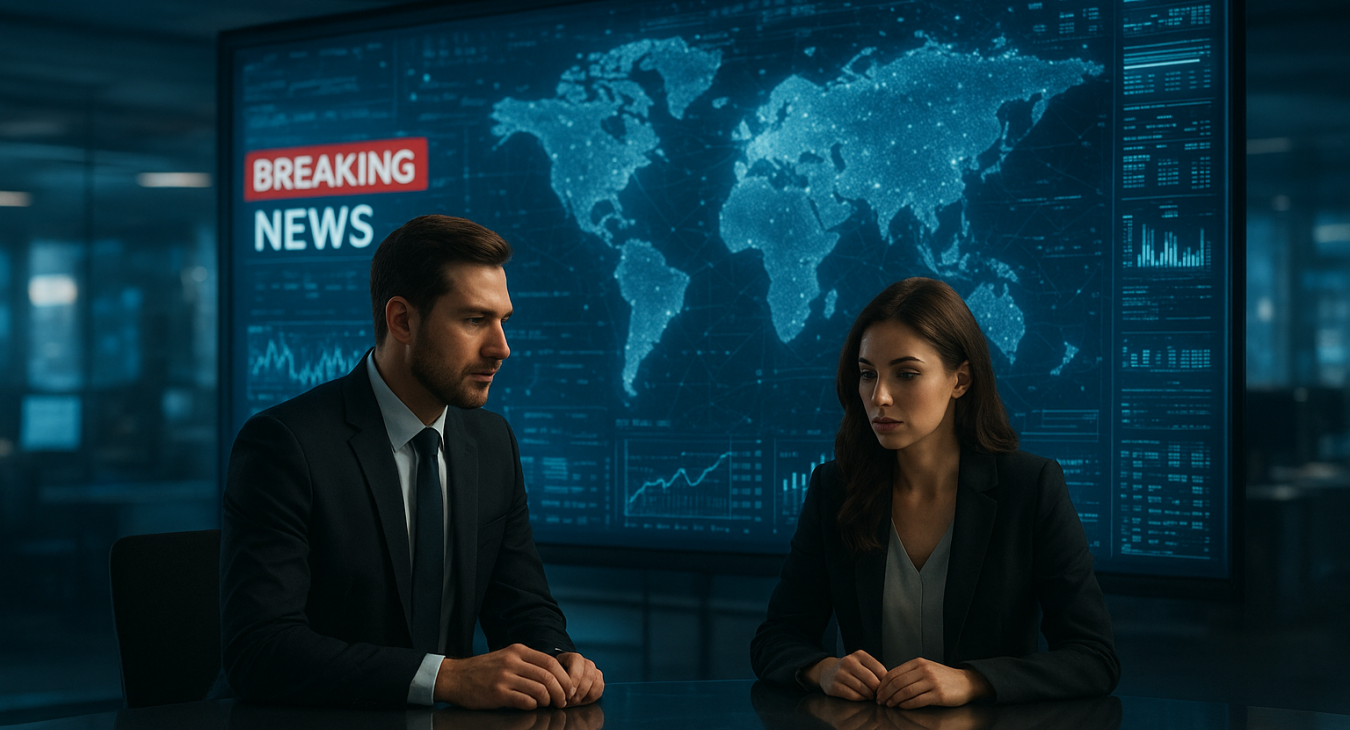 A man and a woman in a modern news studio analyze projections of global data streams, breaking headlines, and interconnected world information around them.