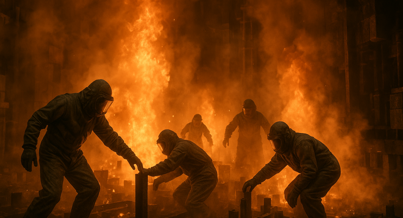 Dramatic depiction inside the 1950s Windscale nuclear reactor core with workers in hazmat suits struggling against superheated graphite, intense orange flames, smoke, and steam.