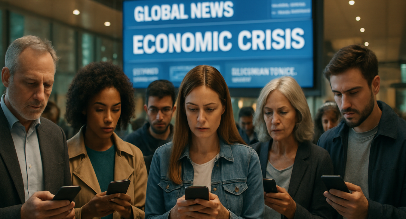 A cinematic, hyper-detailed photograph of a diverse group of people in a modern, brightly lit public space early morning, intensely focused on their smartphones.