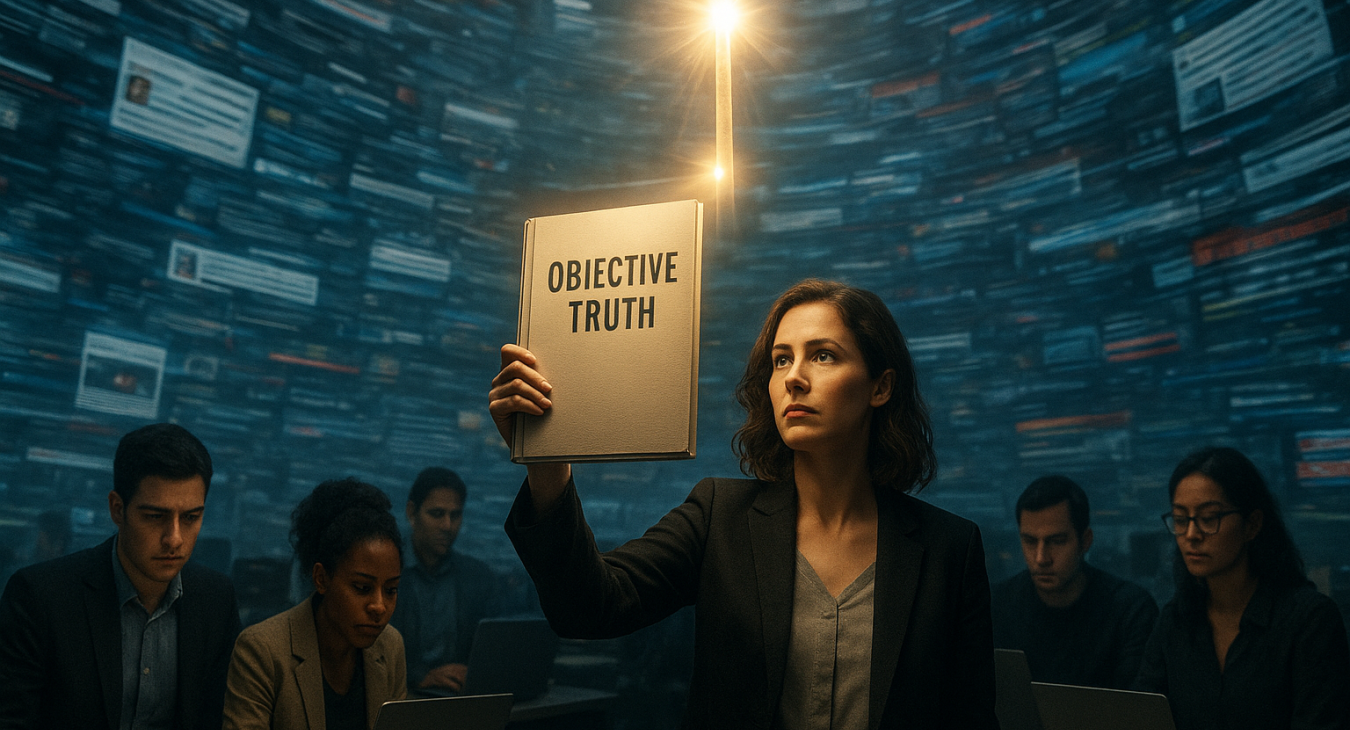 Diverse groups of men and women in a contemporary newsroom surrounded by swirling torrents of confusing digital information from social media feeds and graphics.