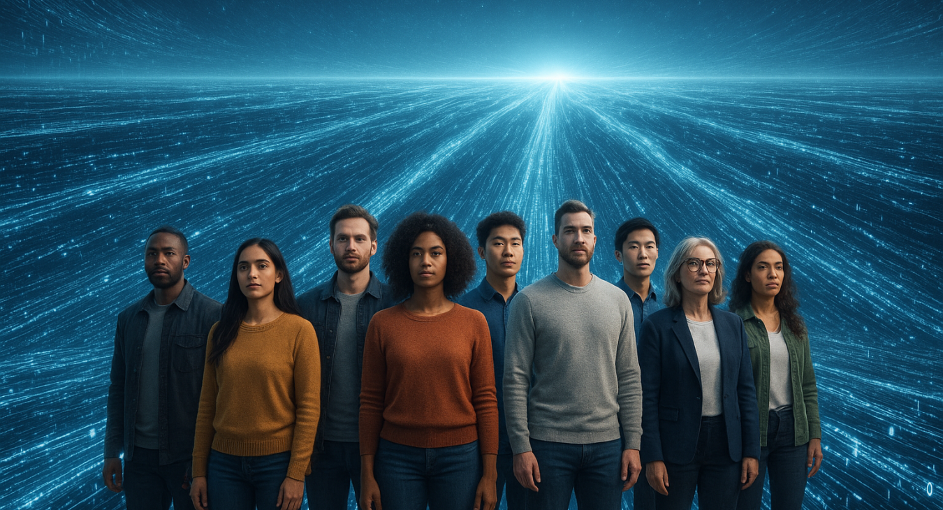 A diverse group of men and women stand together in a vast, photorealistic data landscape, navigating complex illuminated streams of information that open into bright vistas rather than reflecting within confined echo chambers.
