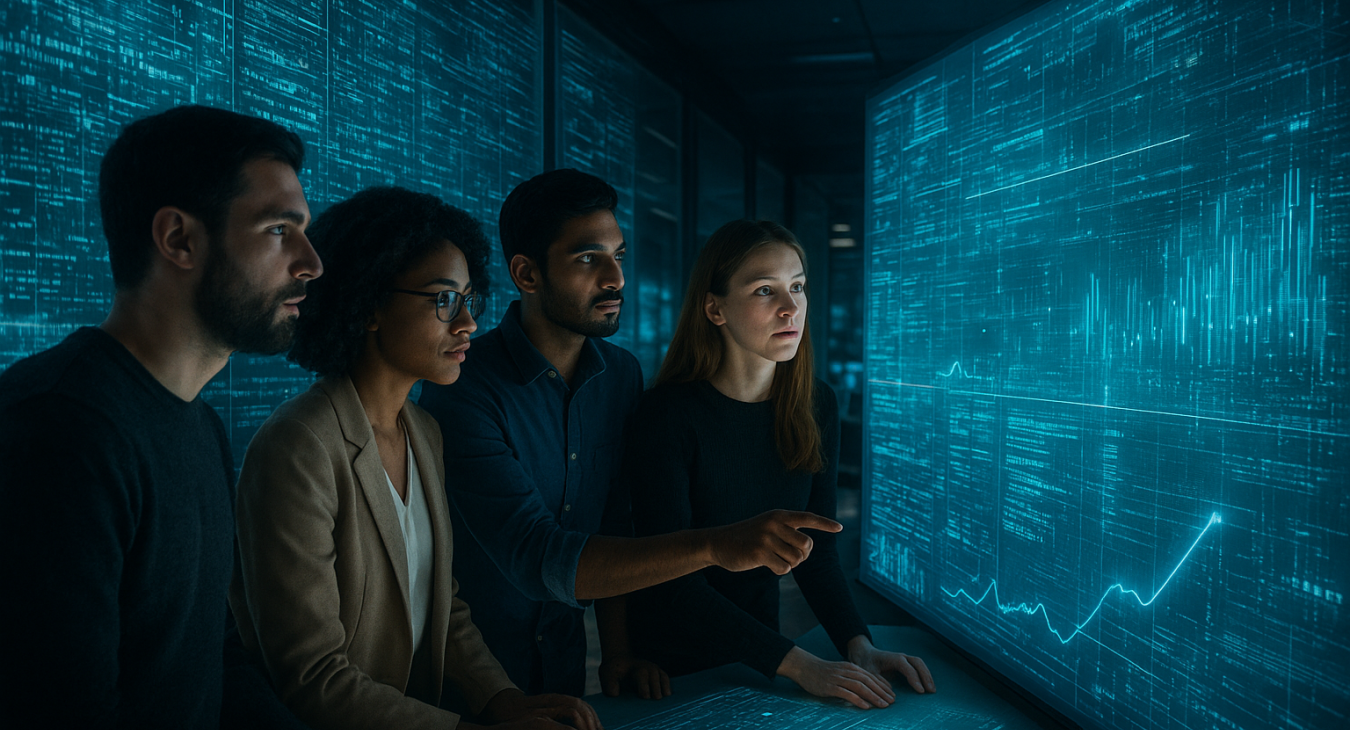 Diverse men and women in a modern information hub collaboratively examining vast holographic displays with rapidly streaming data, representing overwhelming digital information.