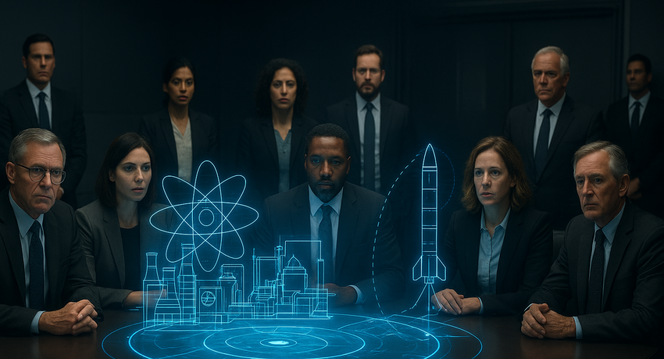 Diverse group of scientists and political experts in professional attire gathered around a holographic display showing peaceful nuclear energy schematics and potential weapon diagrams.