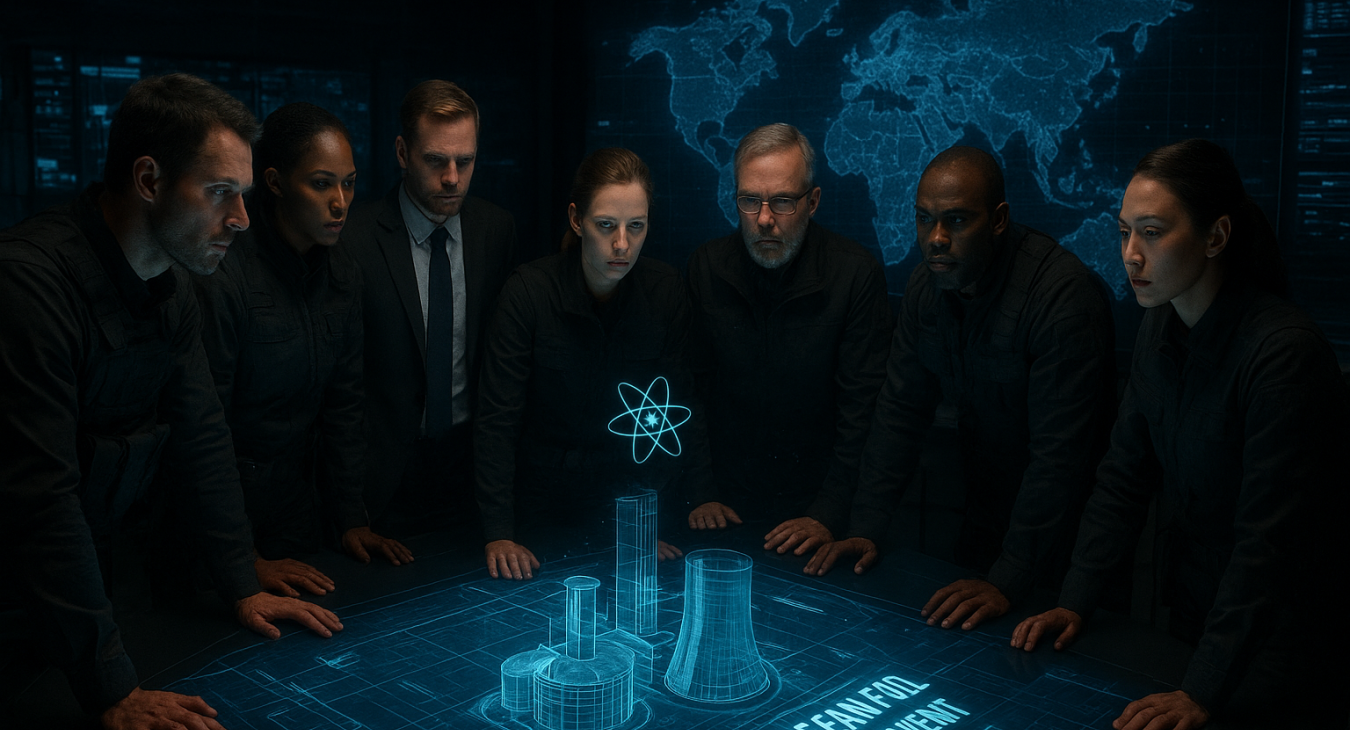 Diverse experts in tactical attire urgently observing holographic simulations of nuclear processes in a dimly lit security operations center.