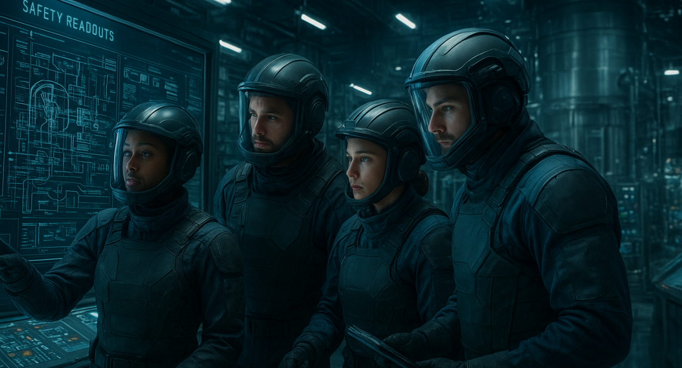 Diverse team in advanced protective gear collaborating in a high-tech nuclear control room, examining safety readouts.