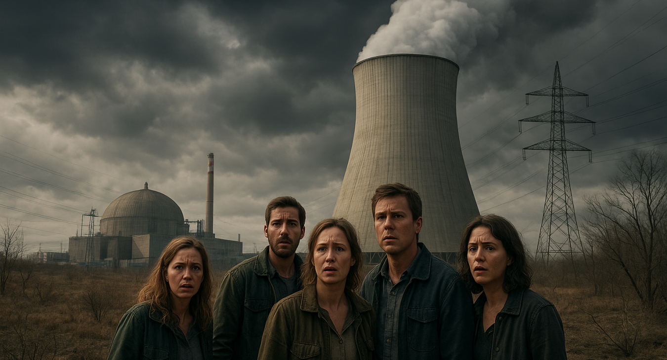Concerned men and women near a massive nuclear power facility, with distressed natural landscapes in the background.