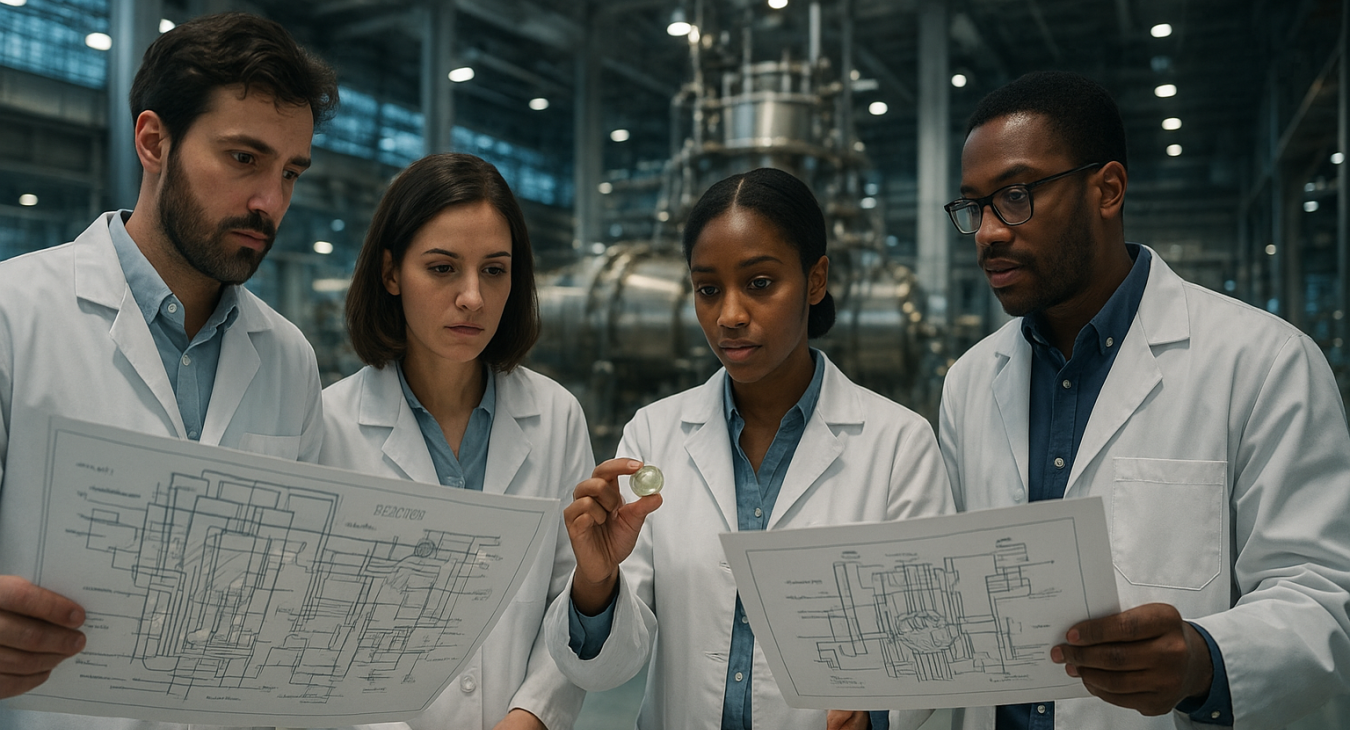 Diverse team of scientists collaborating in a modern research facility, examining nuclear physics diagrams and samples.