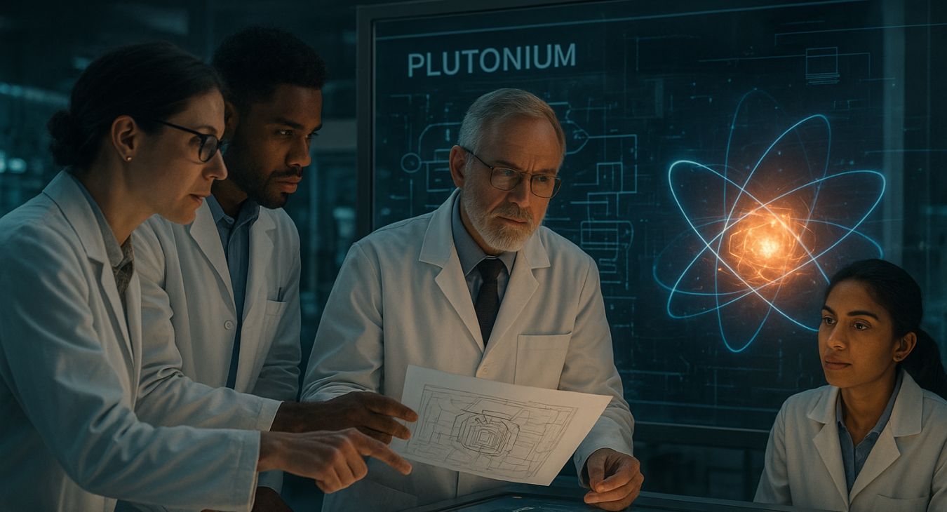 A group of diverse male and female scientists collaborating in a high-tech laboratory, examining schematics and glowing representations of nuclear physics.