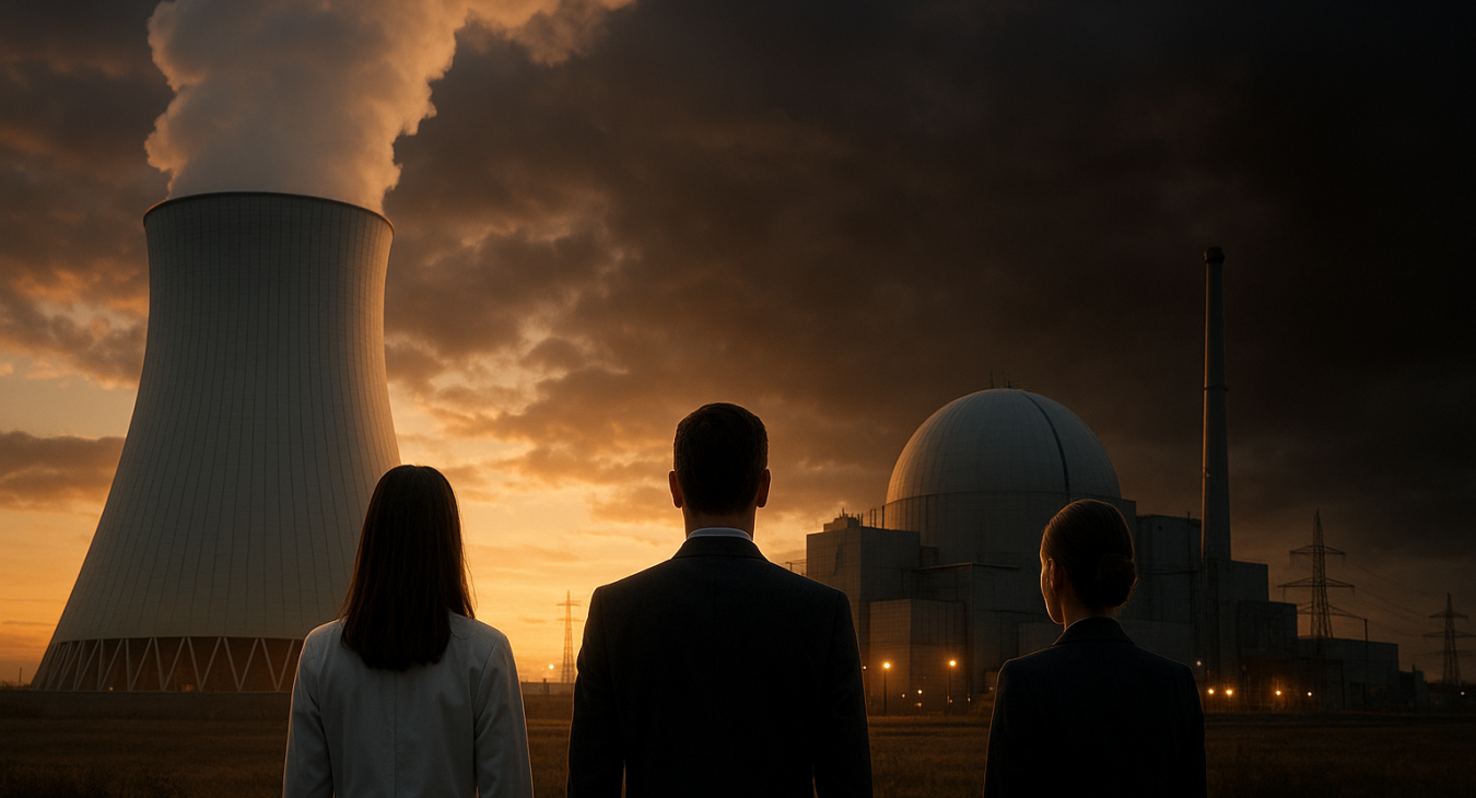 Cinematic photorealistic image of three professionals, two women and one man, in technical attire standing before a vast modern nuclear facility, with a bright and visually juxtaposed composition.