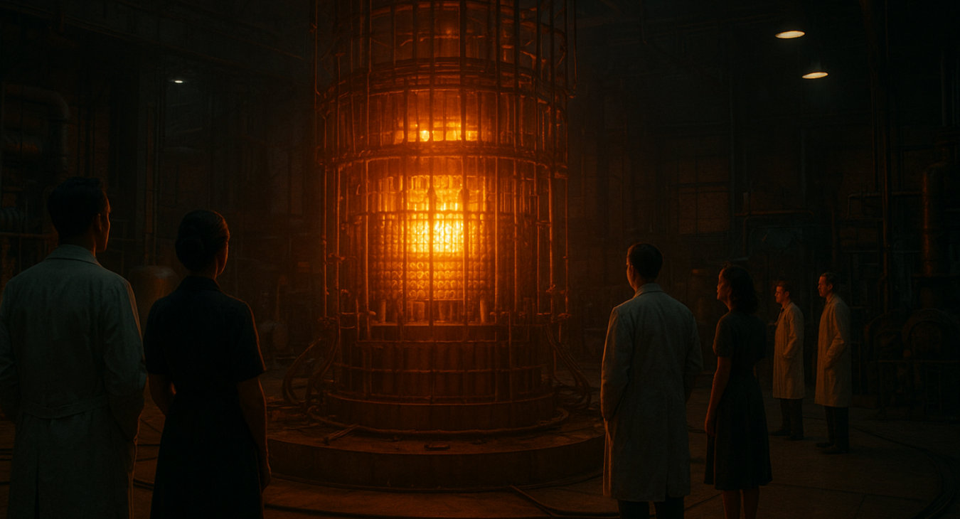 A wide landscape shot of pioneering men and women scientists observing the massive prototype construction of Chicago Pile-1, which glows with immense energy inside a mid-century American industrial laboratory.