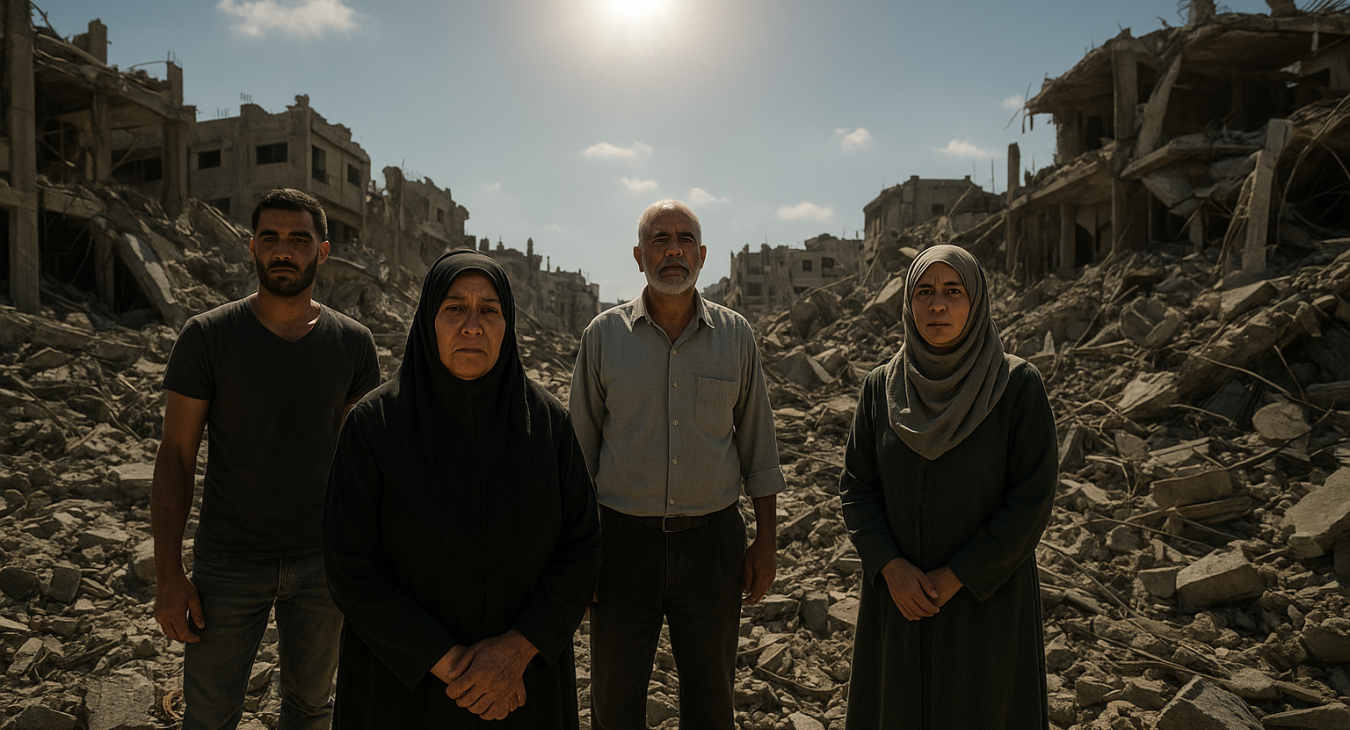 A group of Palestinian men and women stand resiliently amidst the rubble of destroyed homes under an intense midday sun, conveying dignity and loss.