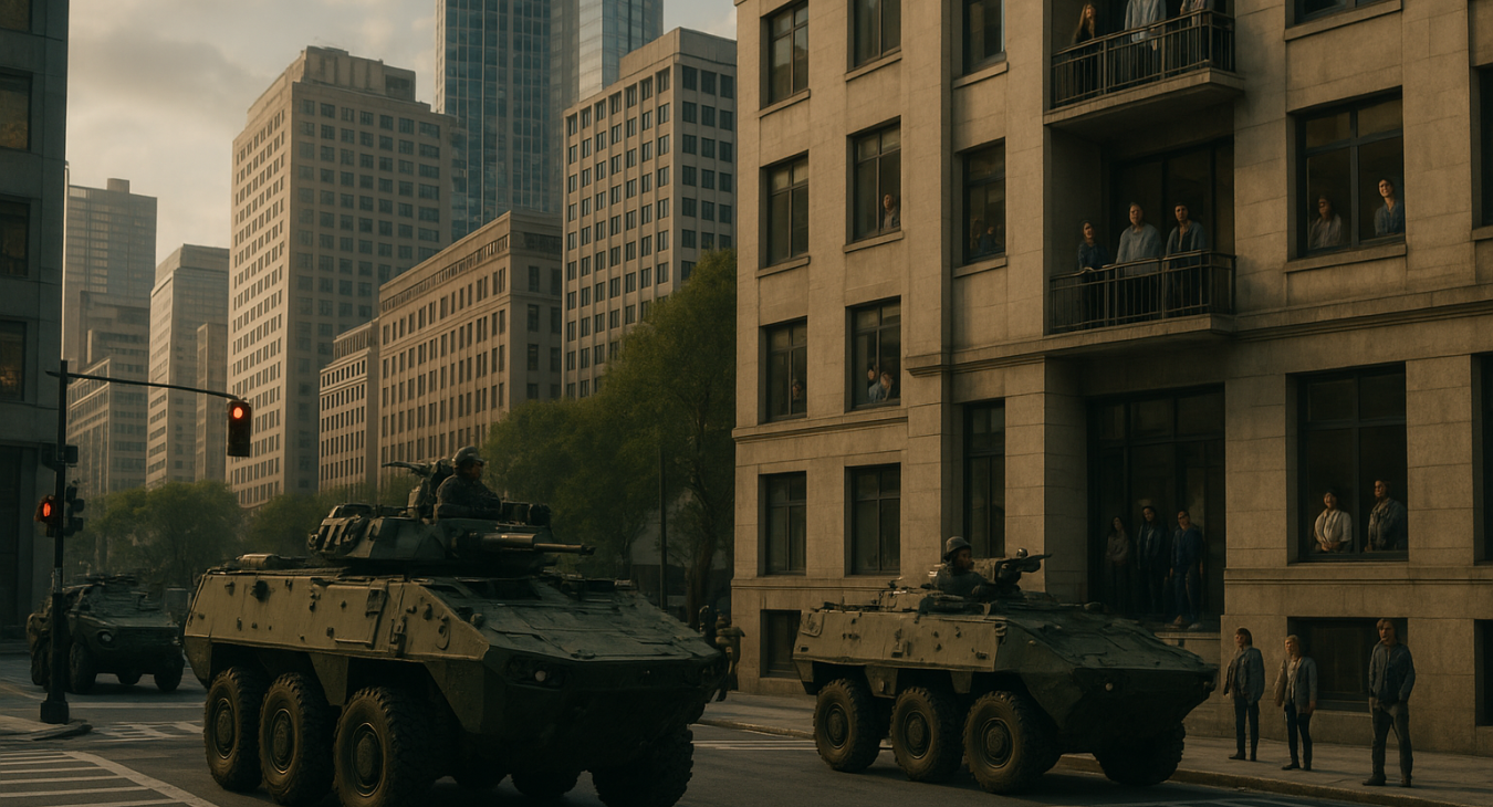 Photorealistic cinematic landscape of a modern city intersection with military vehicles near public infrastructure. Diverse groups of men and women in civilian clothes observe from nearby buildings.