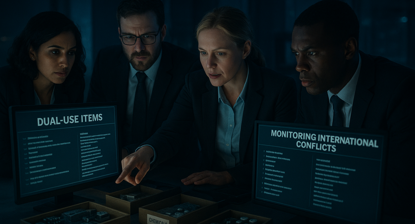 Photorealistic landscape shot of a diverse team of geopolitical experts in professional attire collaborating around glowing screens and labeled technological goo sample boxes.