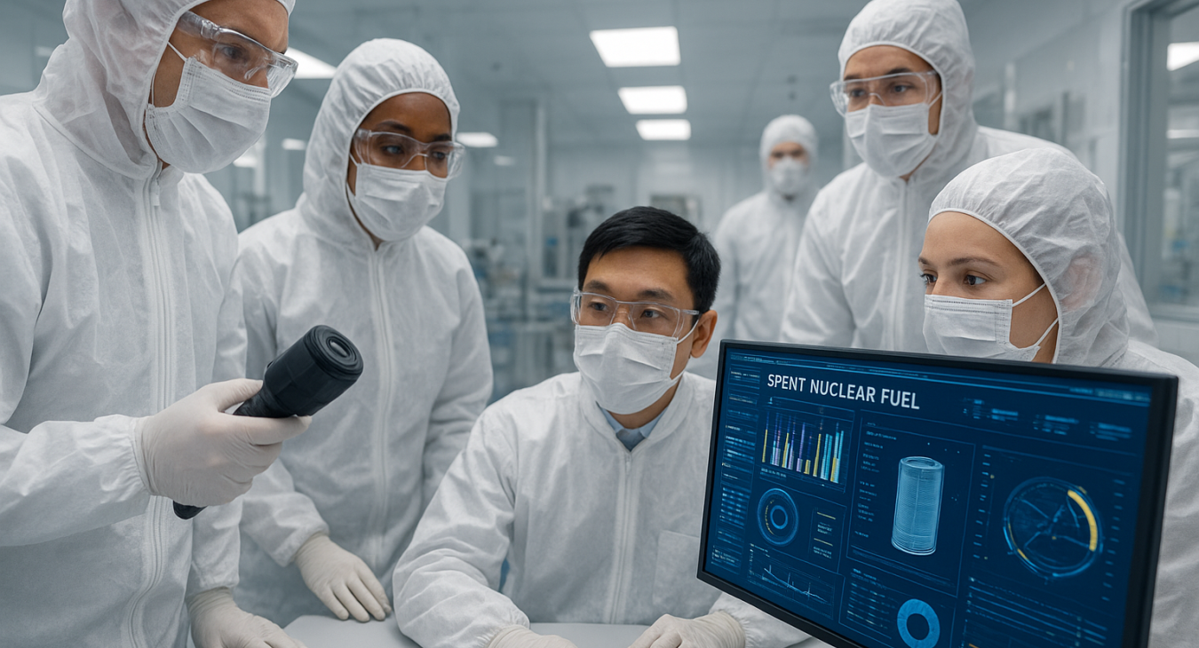 Diverse teams of scientists in protective gear collaborate in a cleanroom laboratory, analyzing sensors and data displays for safe management.