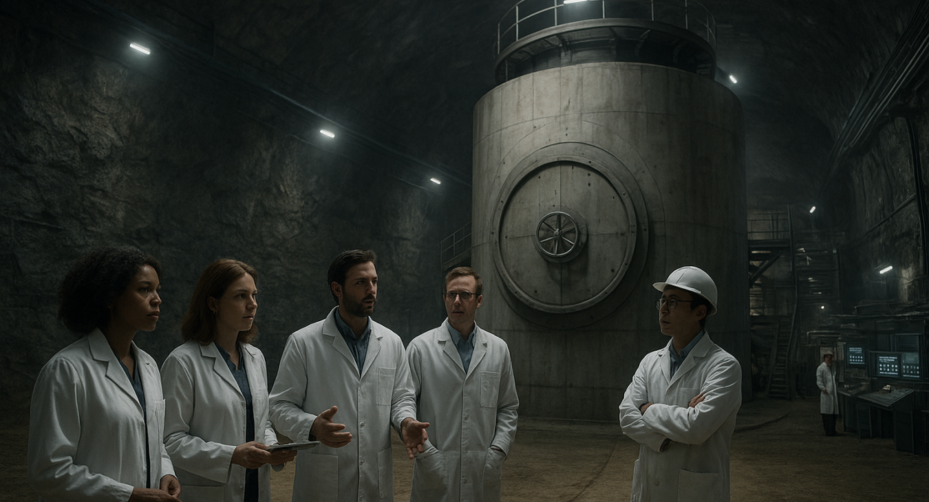 Diverse team of scientists inspecting a vast underground nuclear waste repository, highlighting advanced technology and urgent ethical concerns.
