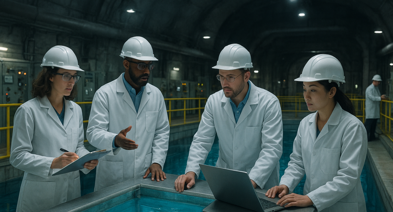 A diverse team of nuclear engineers and scientists, men and women, collaborating in a high-tech subterranean facility to oversee secure management and cooling of spent fuel.