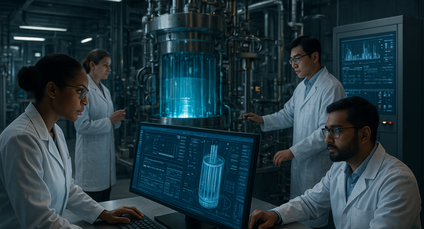 Diverse teams of men and women scientists collaborating while monitoring advanced equipment in a state-of-the-art nuclear fuel rod processing facility.