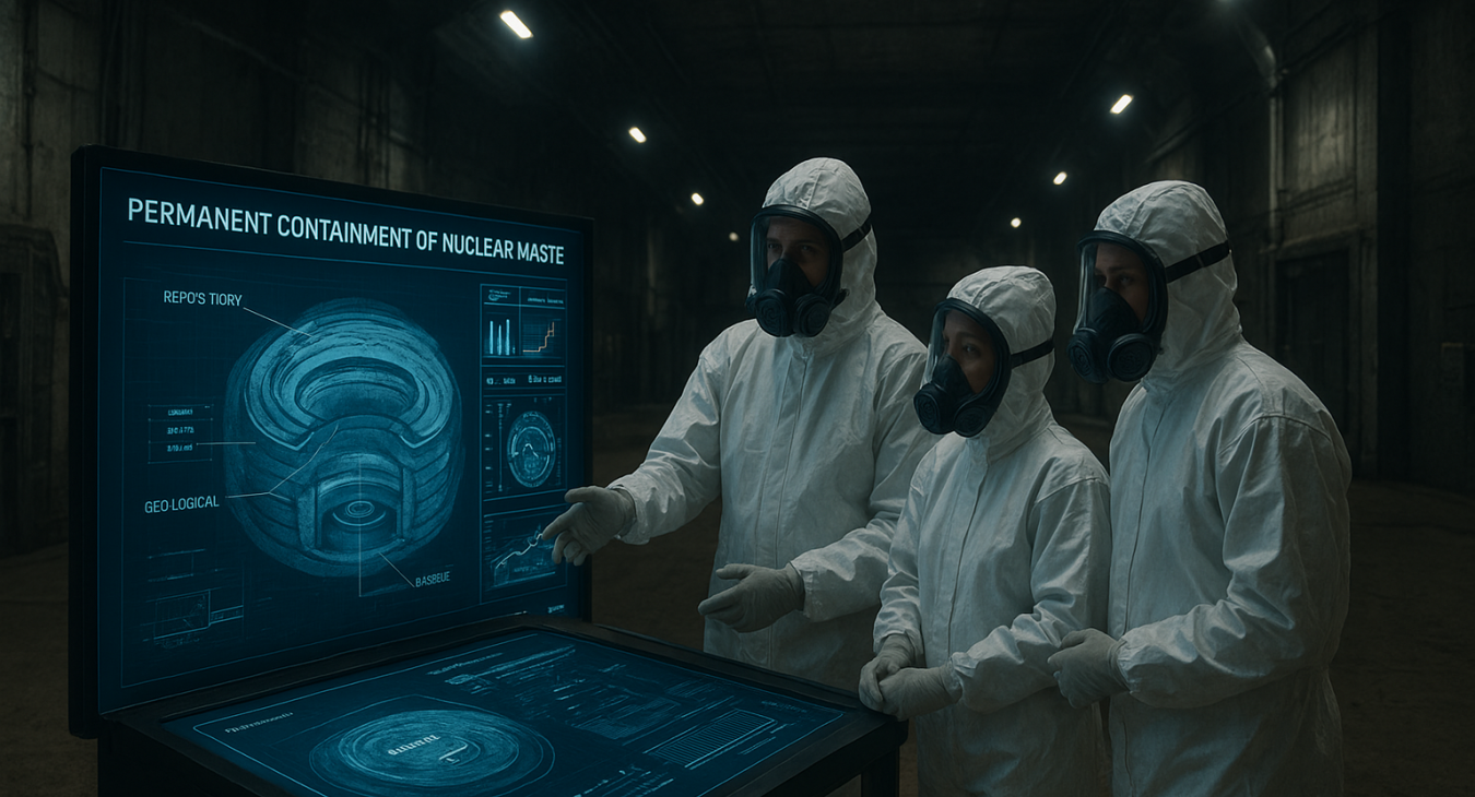 Diverse team of researchers in protective suits collaborating around advanced displays visualizing nuclear waste containment solutions.