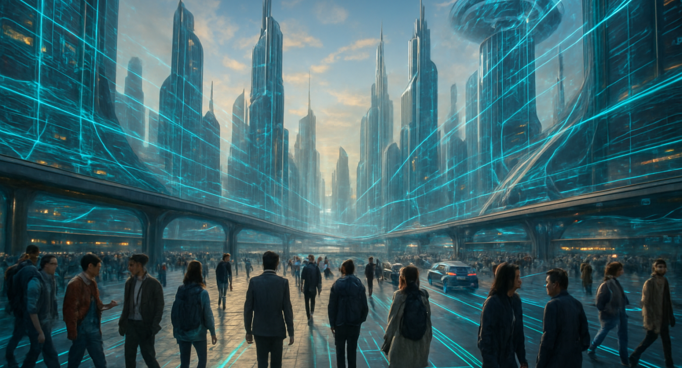 A highly detailed, photorealistic wide-angle landscape of a bustling futuristic megalopolis with diverse people interacting amid infrastructure powered by glowing renewable energy grids.