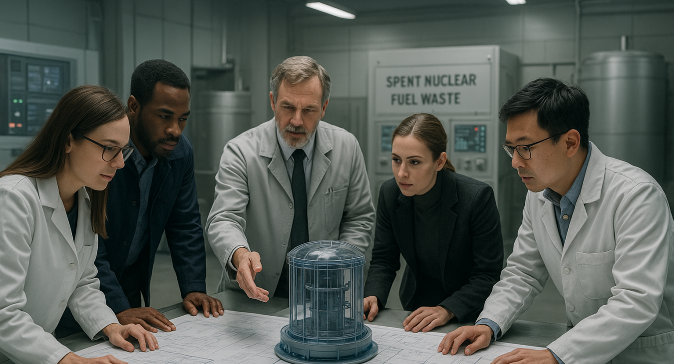 Diverse team of engineers and scientists collaborating around blueprints and containment shielding models in a sterile, technical facility.