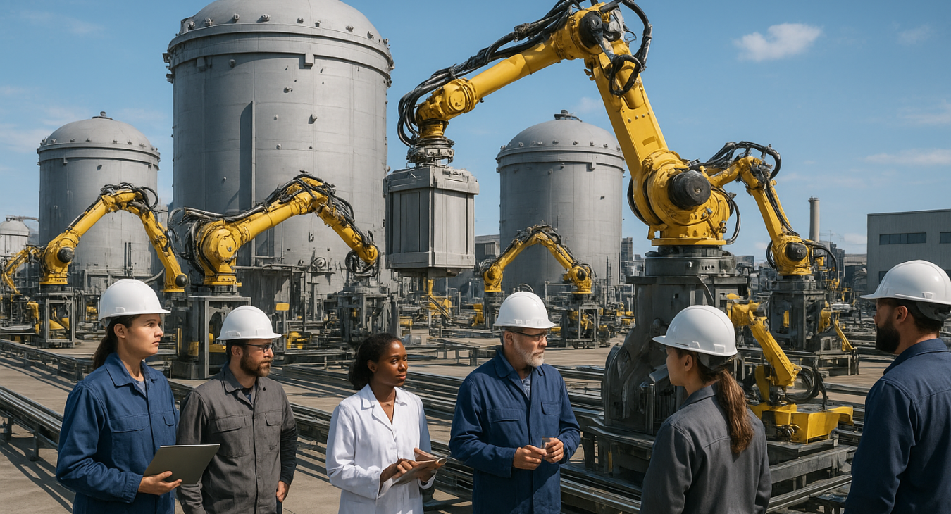 Diverse teams of engineers monitor automated handling systems around large advanced containment units in a sprawling research facility.