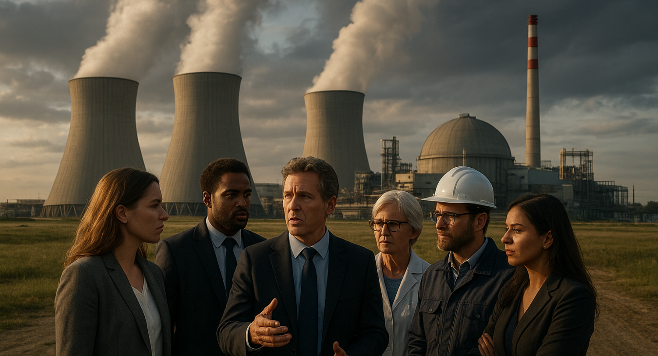 Diverse group of scientists, engineers, and policymakers debating in front of a nuclear power plant, cinematic photorealistic landscape.
