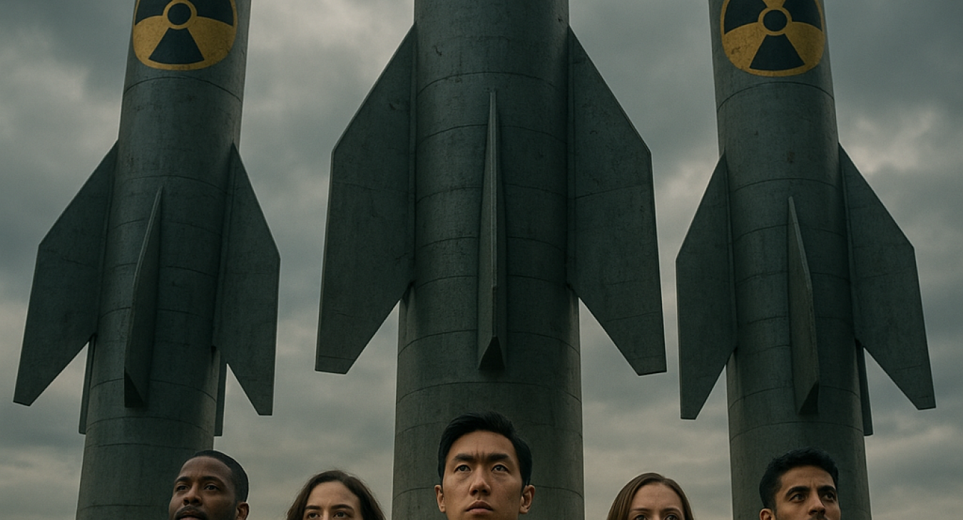 Diverse men and women stand beneath towering representations of nuclear arsenals, illustrating the immense global threat they pose.