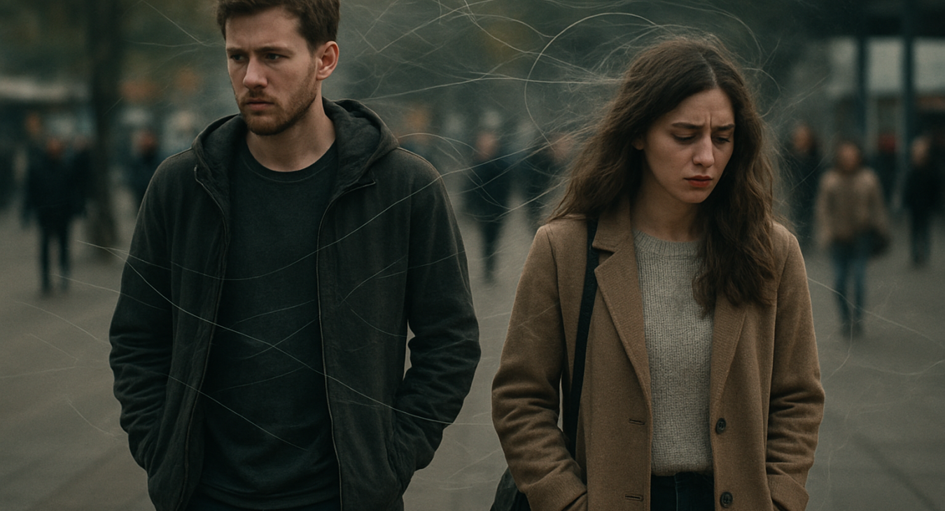 Photorealistic scene of a man and woman walking in a public space, surrounded by subtle invisible threads and atmospheric distortions symbolizing their intense, unseen connection.