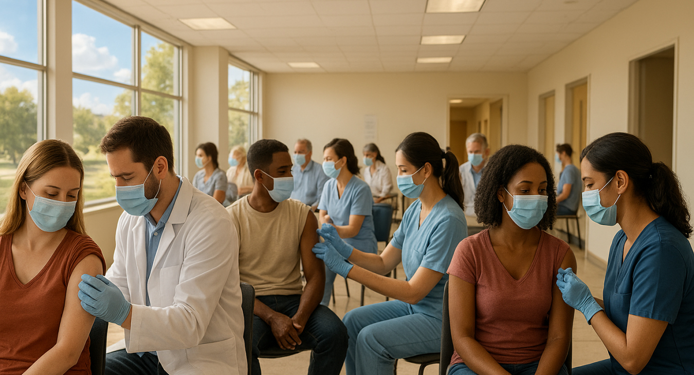 A photorealistic wide-angle view of a busy modern clinic where diverse community members are receiving vaccines from healthcare professionals, symbolizing the global benefits of modern medicine in a warm setting.