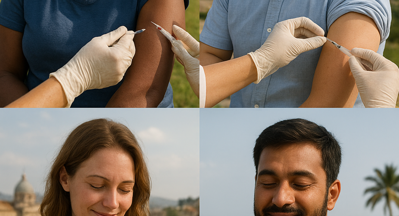 Diverse adults receiving vaccinations in various global settings, symbolizing improved worldwide public health.
