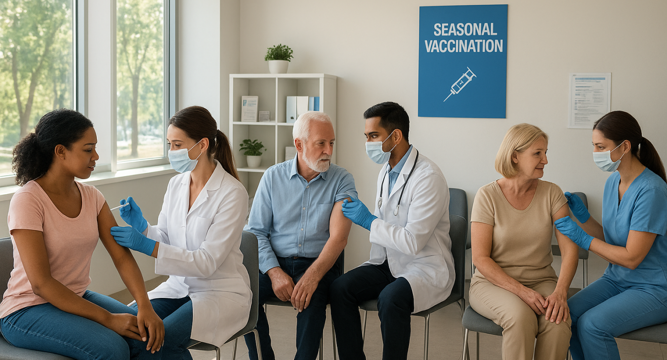 A photorealistic landscape image of a modern clinic with diverse individuals of various ages consulting about or receiving seasonal vaccinations.