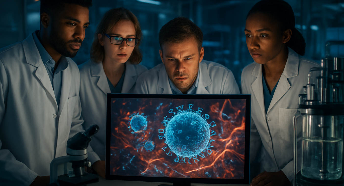 Diverse medical researchers in lab coats examining microscopic visualizations of vaccine components interacting with human physiology in a modern laboratory.