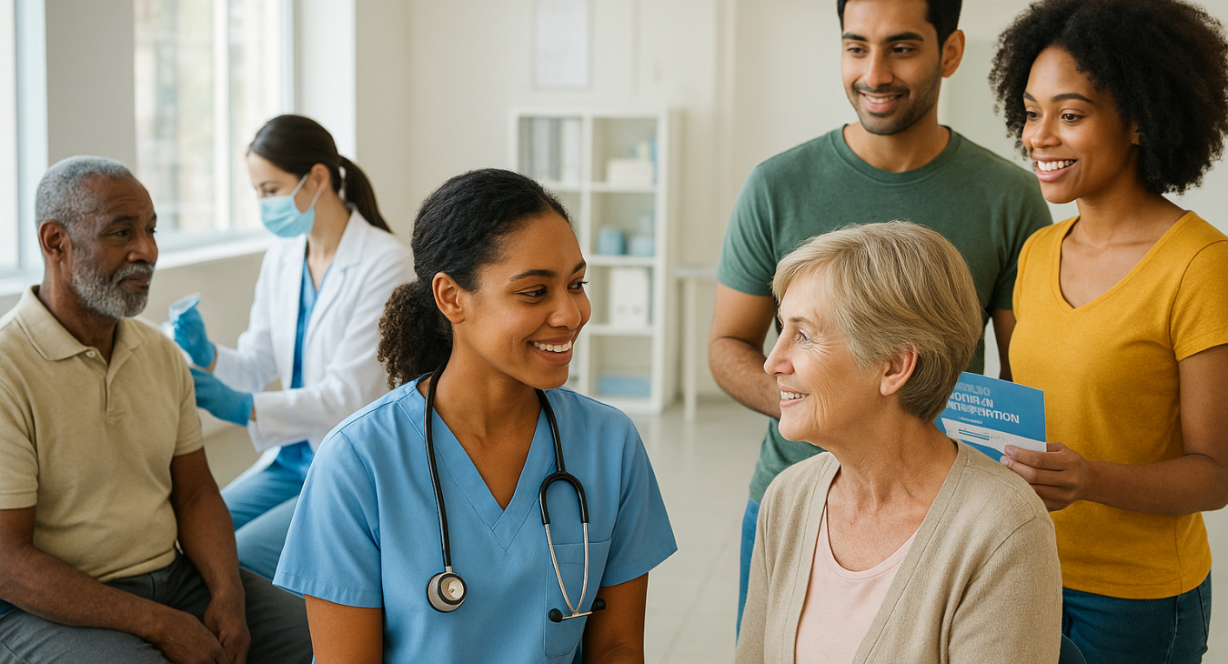 Diverse men and women in a bright, modern medical setting, representing community health and collective disease prevention through care and public health awareness.