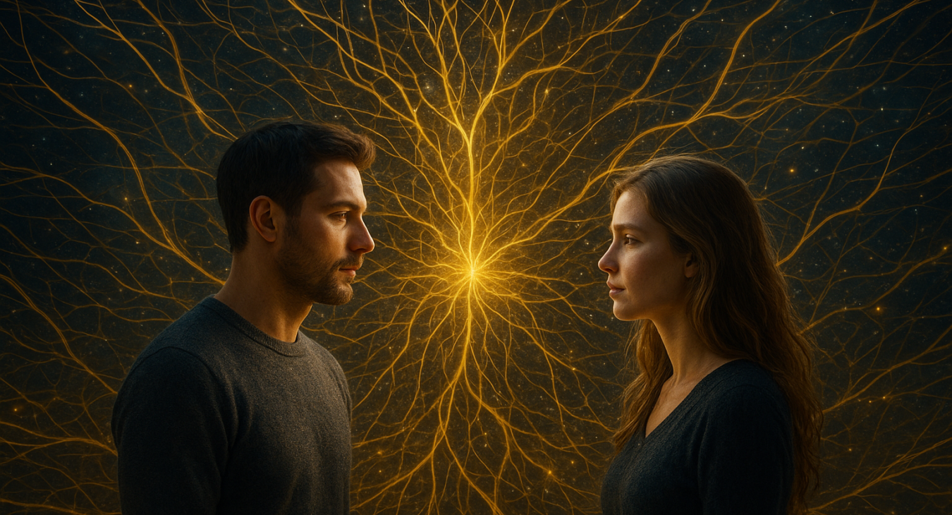 Photorealistic scene of a man and woman in a futuristic landscape with intricate golden neural pathways, symbolizing human cognition, memory, and emotional well-being.