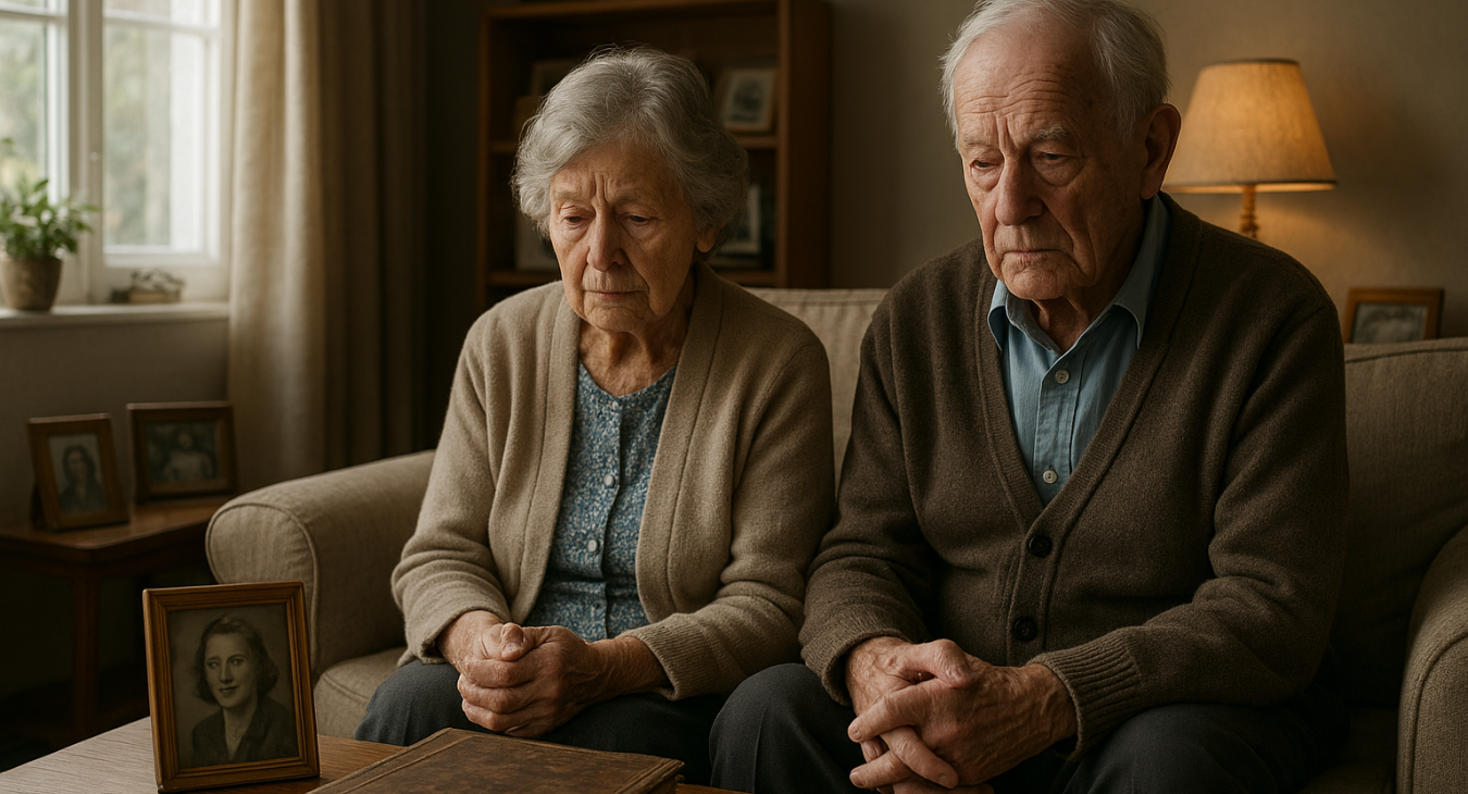 An aged couple sitting gently in their living room surrounded by cherished memory objects, conveying the quiet reality of navigating dementia.