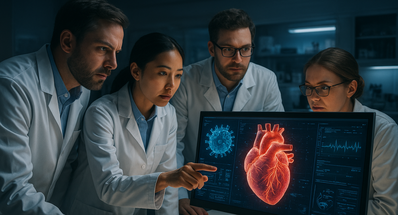 A collaborative team of male and female researchers intently examining advanced medical imaging data that illustrates the intricate connection between viral infections and cardiovascular health in a modern, high-tech laboratory setting.