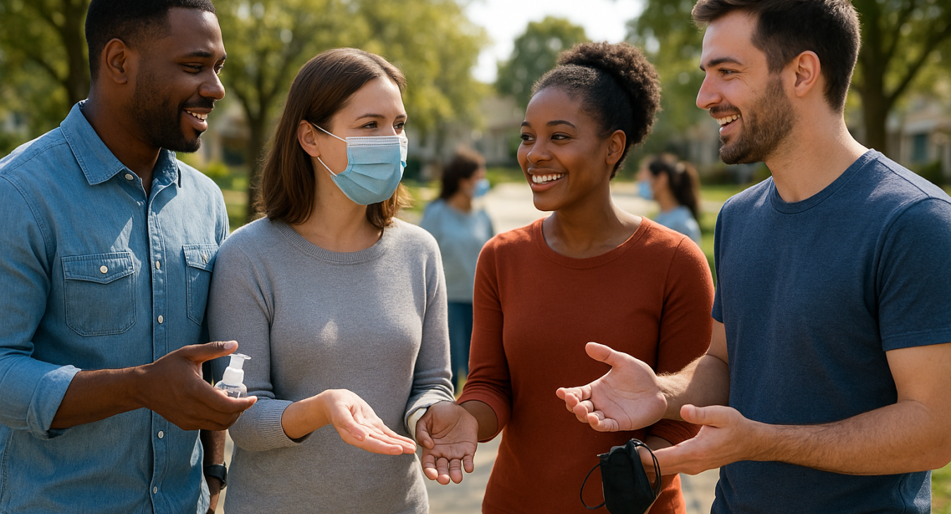 Photorealistic landscape of diverse people in a community setting, symbolizing proactive viral infection prevention and public health promotion.