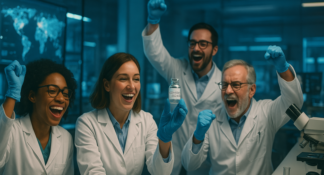 Diverse medical researchers celebrate a COVID-19 vaccine breakthrough in a modern lab, symbolizing global hope with cinematic lighting.