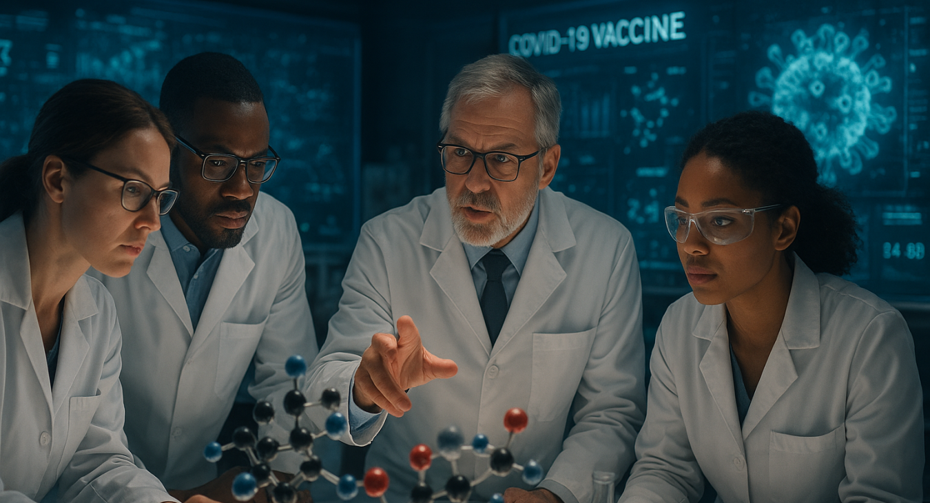 Diverse team of scientists collaborating in a futuristic laboratory with molecular models and glowing screens, symbolizing rapid scientific progress.