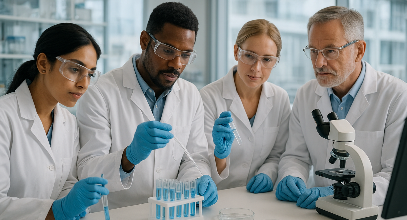 Diverse medical scientists, men and women, in a modern laboratory, symbolizing the historic rapid development of mRNA vaccines against COVID-19.