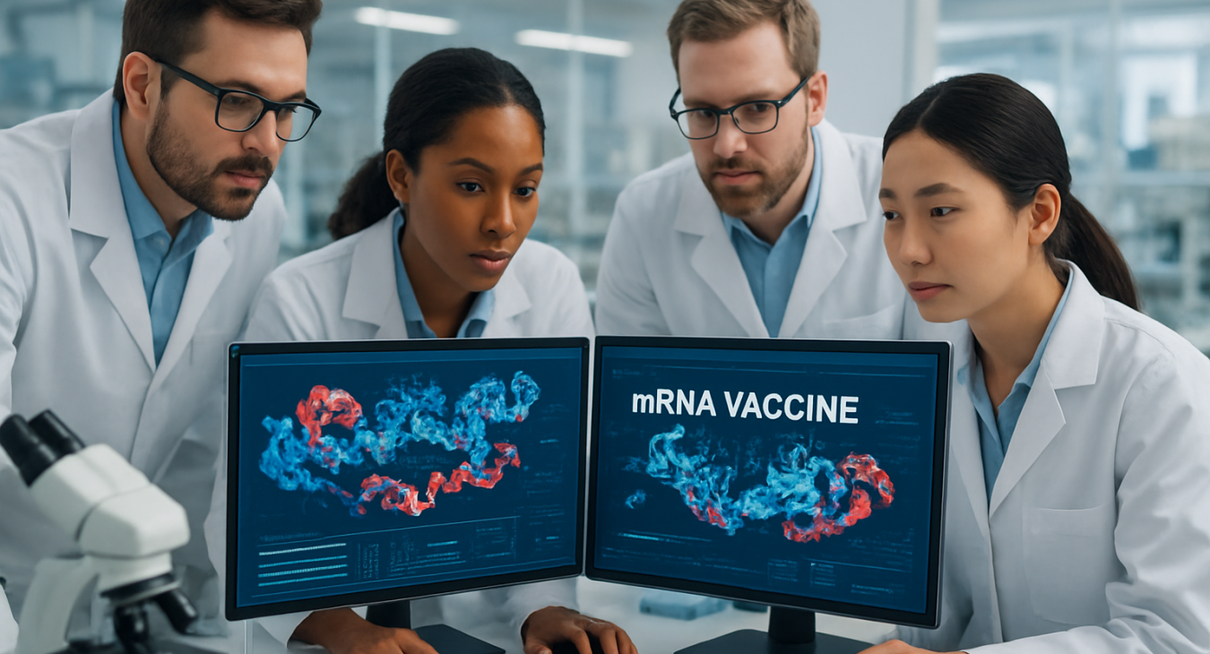 Diverse team of scientists collaborating in a bright, sterile laboratory, focused on screens displaying molecular models of mRNA vaccine technology.