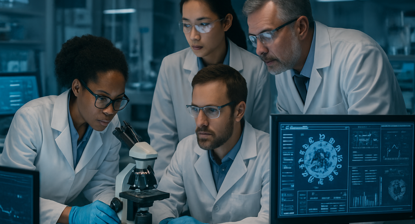 Diverse scientists in high-tech lab focus on data and microscope, rapid COVID-19 response.
