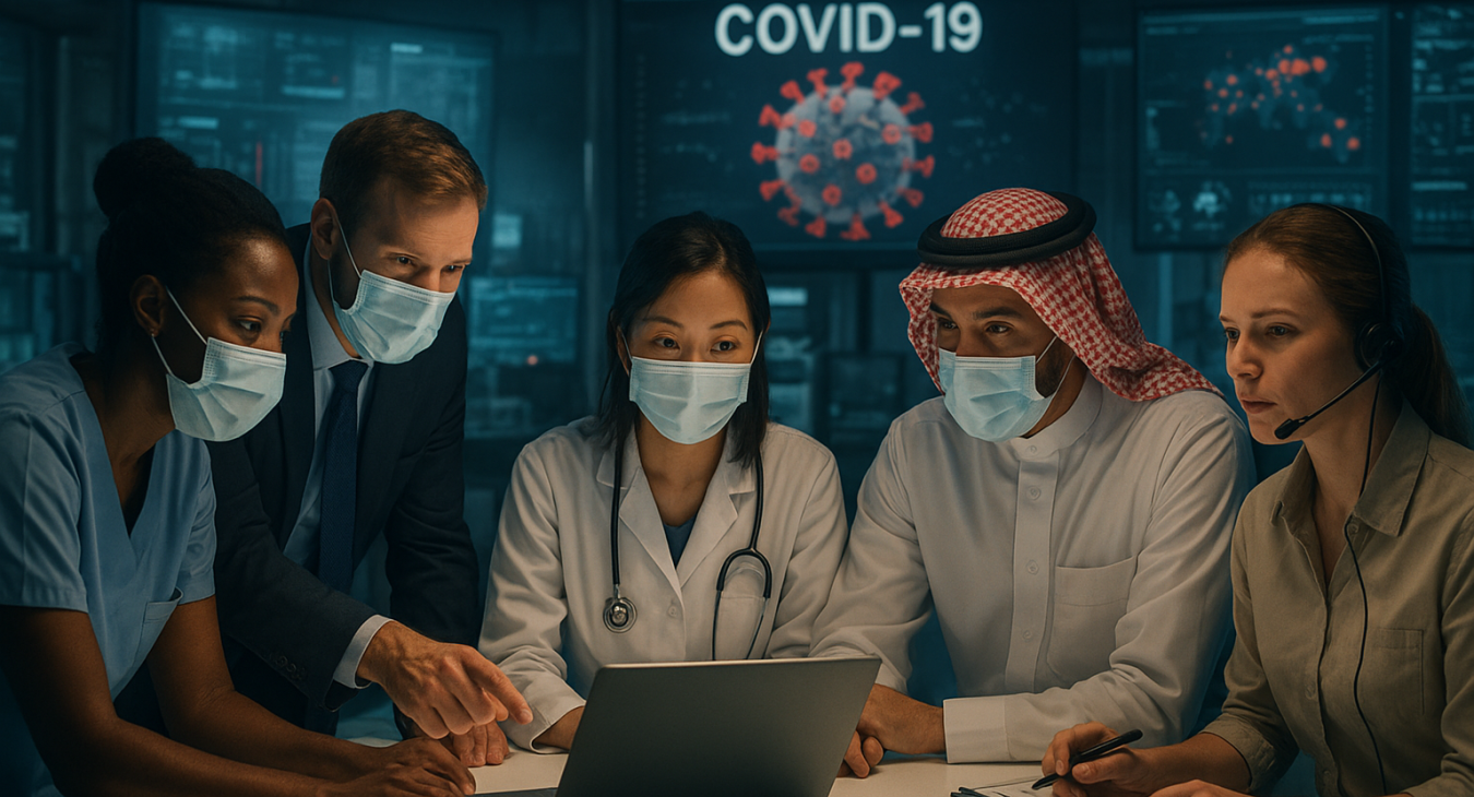 A diverse team of dedicated men and women representing the international community urgently collaborating in a high-tech medical lab or global aid coordination center to mount a rapid and effective response to a global crisis.