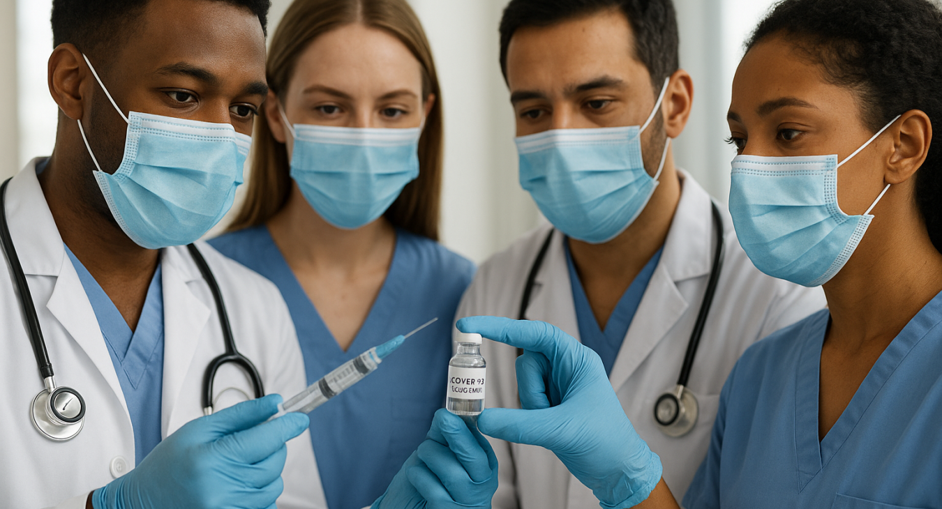 Diverse medical practitioners, both men and women, working together during the accelerated global deployment of COVID-19 vaccines, a pivotal moment in modern medical history.