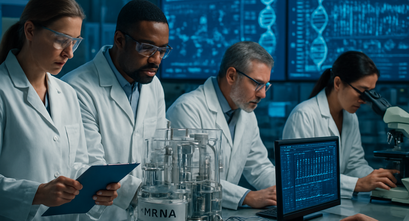 Diverse group of scientists, both men and women, working intently in a futuristic laboratory with mRNA technology and genetic sequencing equipment