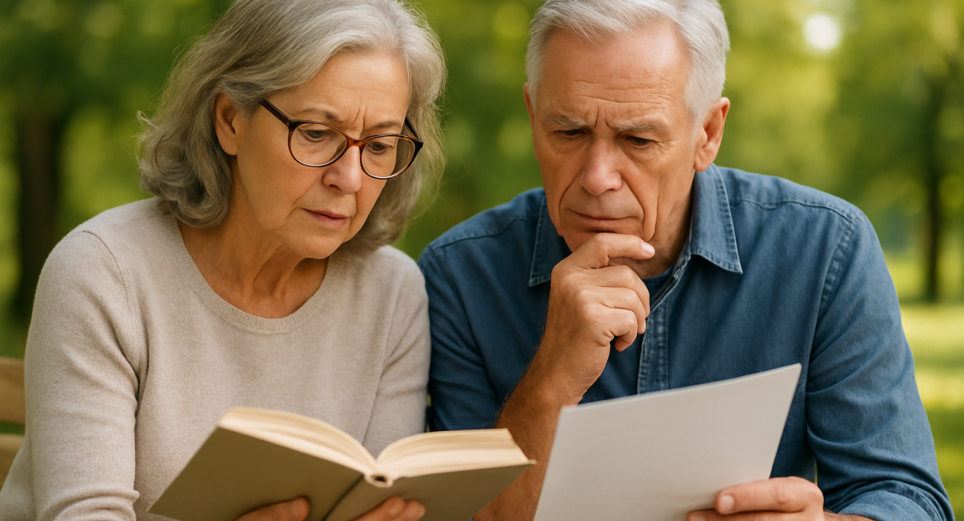 Photorealistic landscape image of an active older couple, a woman and a man, deeply engaged in focused cognitive activity, exuding vibrant vitality.
