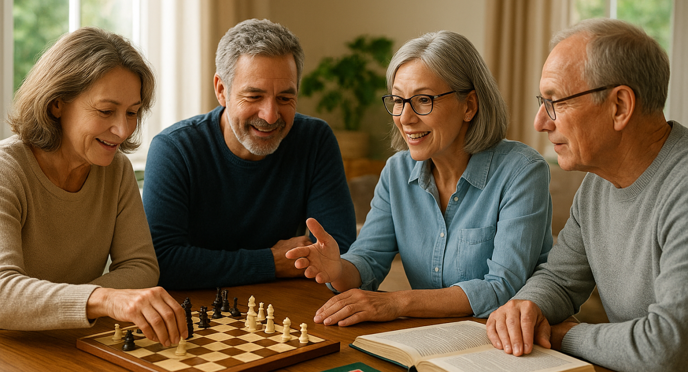 Photorealistic landscape of middle-aged women and men playing board games and engaged in conversation, symbolizing proactive cognitive health maintenance.