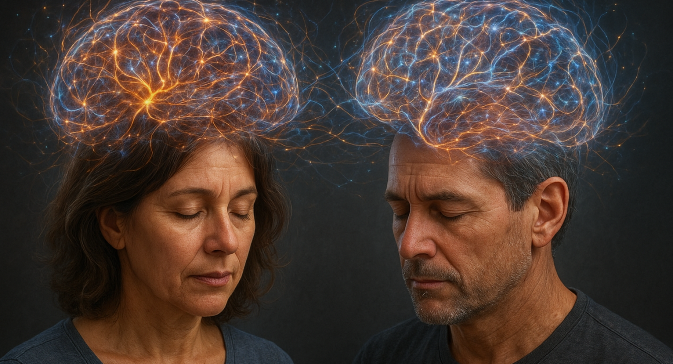 Photorealistic illustration of a middle-aged man and woman with their brains visually manifesting dynamic neural plasticity, showing strengthening and reconfiguring cognitive pathways.