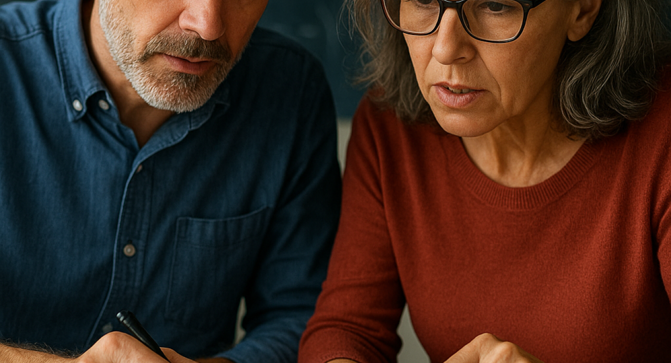 Active, vibrant middle-aged man and woman intensely collaborating on a complex scientific task, symbolizing limitless cognitive abilities with age.